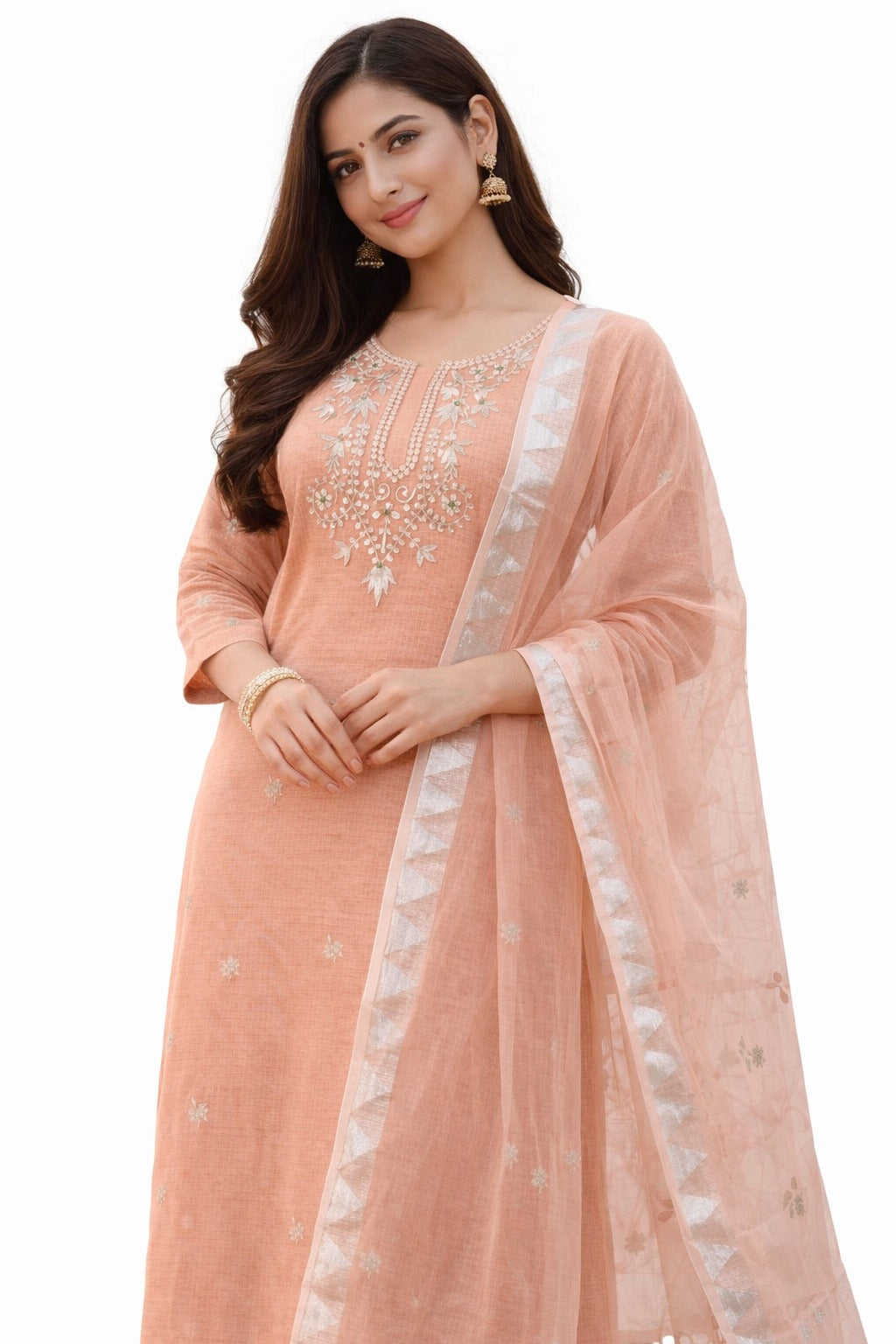 Peach gotapatti kurta material with dupatta and how can you style it after stitching