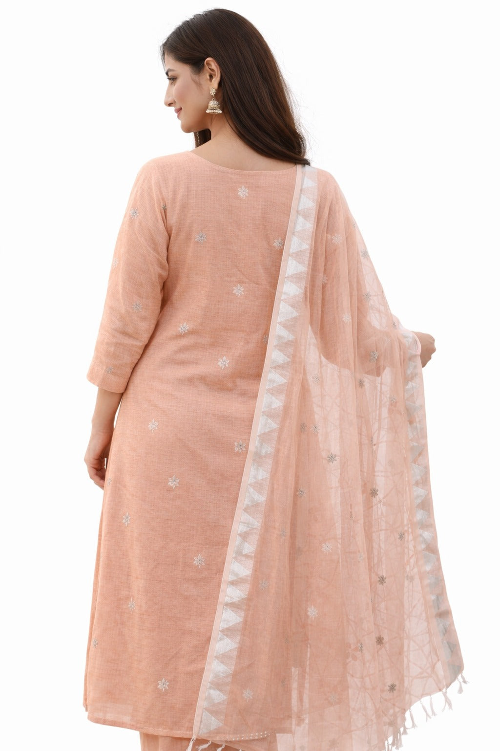 Peach gotapatti kurta material with dupatta and how can you style it after stitching in the back pose