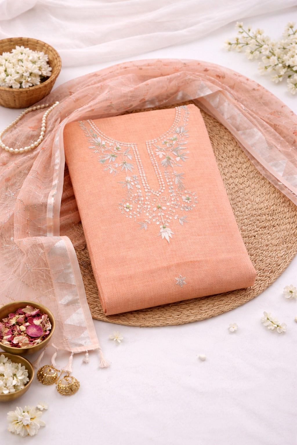 Peach gotapatti kurta material with dupatta.