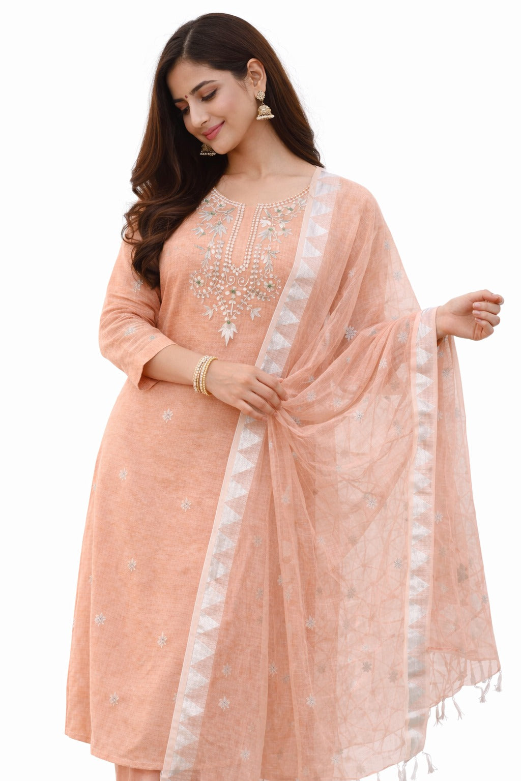 Peach gotapatti kurta material with dupatta and how can you style it after stitching in different styles and pose