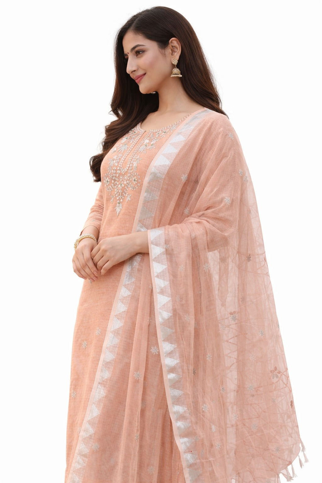 Peach gotapatti kurta material with dupatta and how can you style it after stitching in different pose