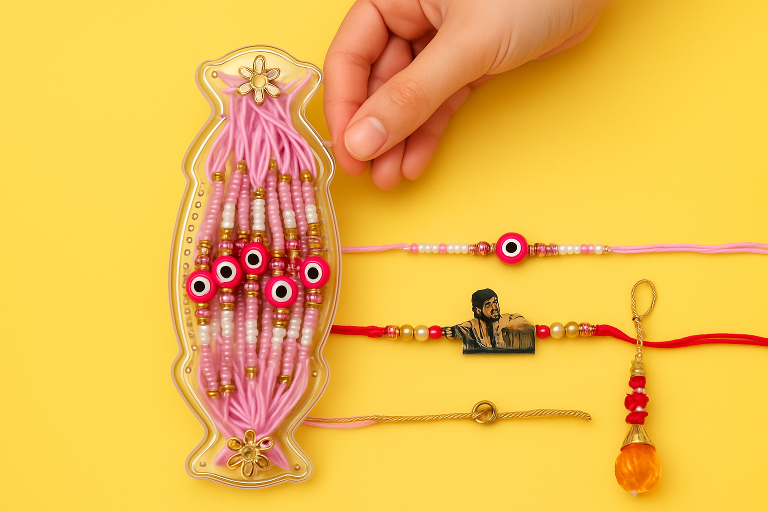BUTTON CRYP Brand - Single Multicolor Rakhi (with Roli-Chawal, Greeting Card & Chocolate)