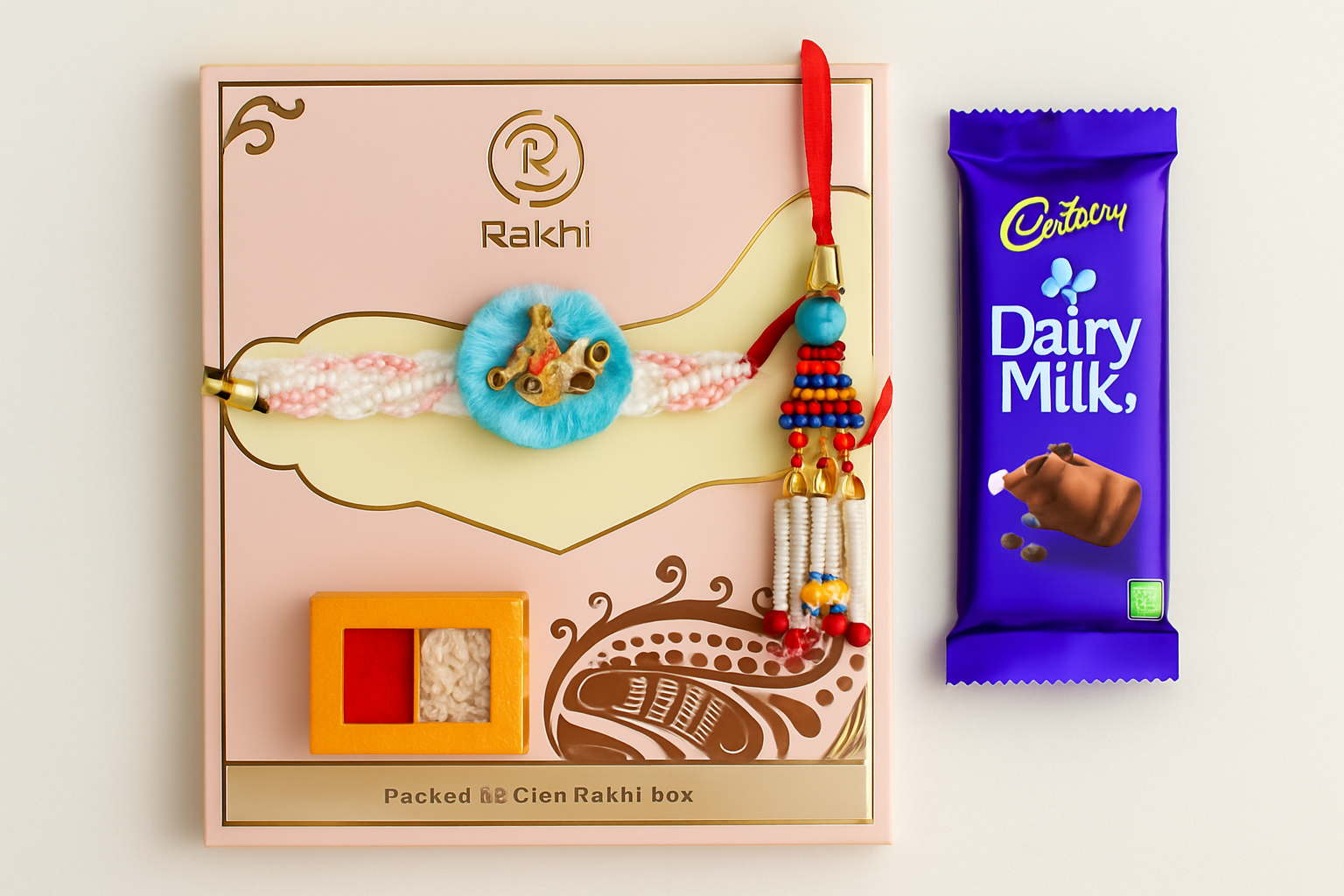 BUTTON CRYP Single Multicolor Rakhi – Stylish Rakhi with Roli-Chawal, Chocolate and Card