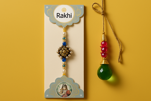 "Exclusive BUTTON CRYP Rakhi Combo Set for Bhai-Bhabhi – Premium Kundan & Floral Lumba Rakhi, Lovely Pair with Pearls Set (2 Pieces)