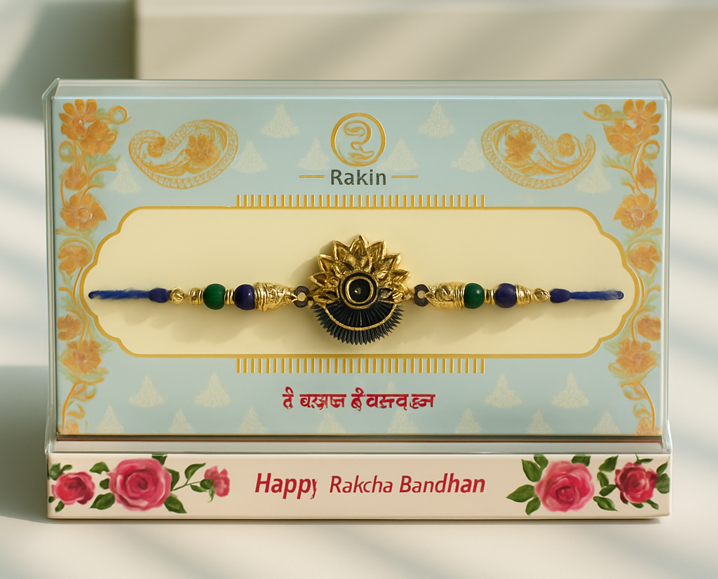 Golden-Black Rakhi Set BUTTON CRYP – with Free Roli Chawal, Chocolate and Greeting Card