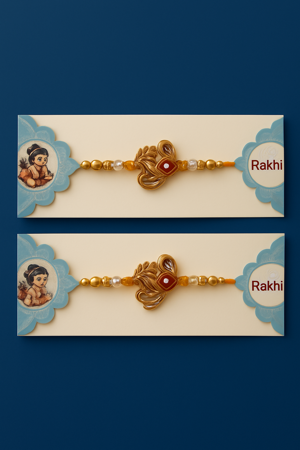 BUTTON CRYP Krishna Design Rakhi (Golden) – Rakhi with Roli Chawal, Greeting Card and Chocolate