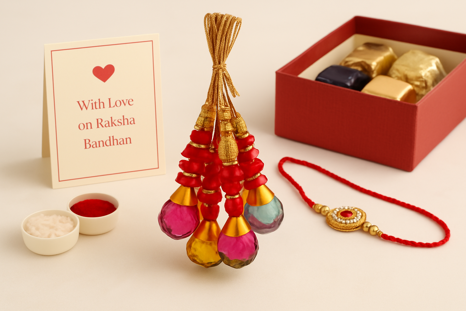 BUTTON CRYP Single Lumba Rakhi – Red and Multicolour | Traditional Rakhi for Bhabhi