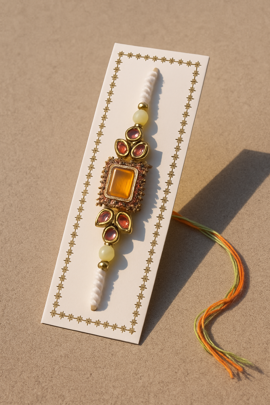 BUTTON CRYP Golden Rakhi – Single Rakhi with Roli Chawal, Greeting Card and Chocolate