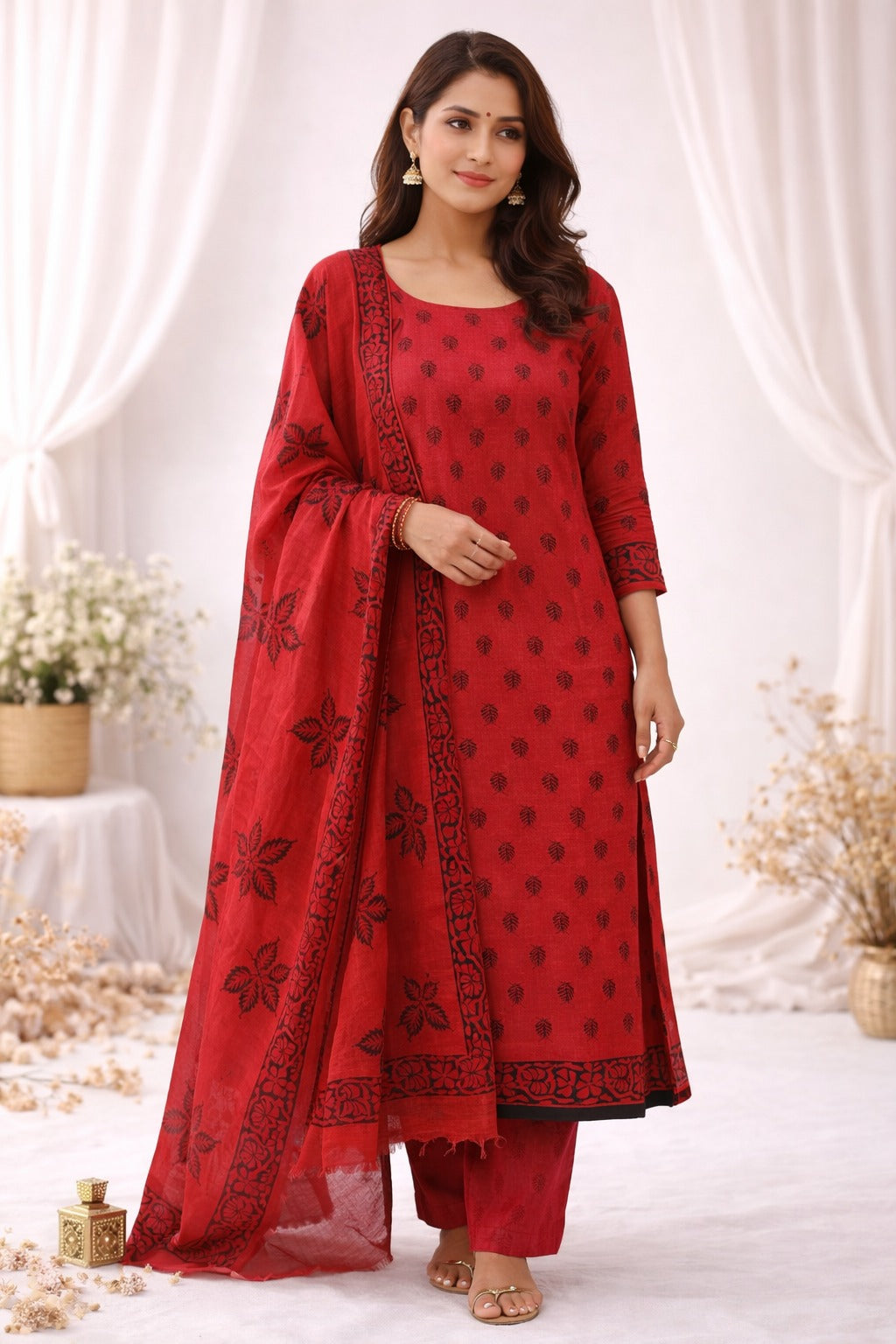 red kurti material paired with dupatta with blockprint design all over