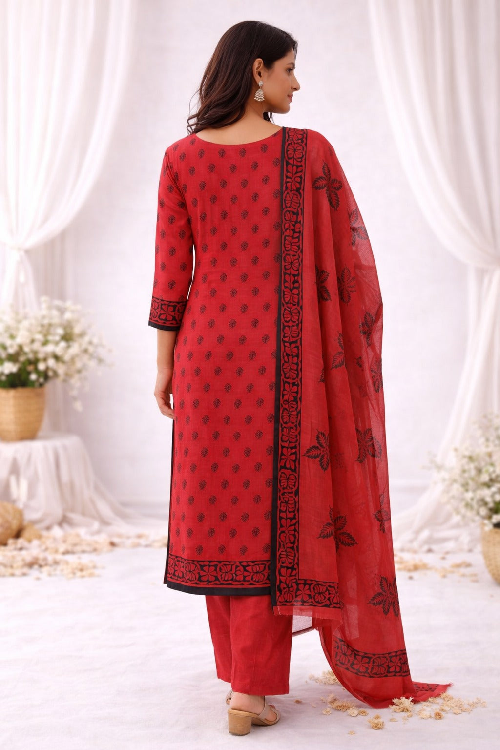red kurti material paired with dupatta with blockprint design all over