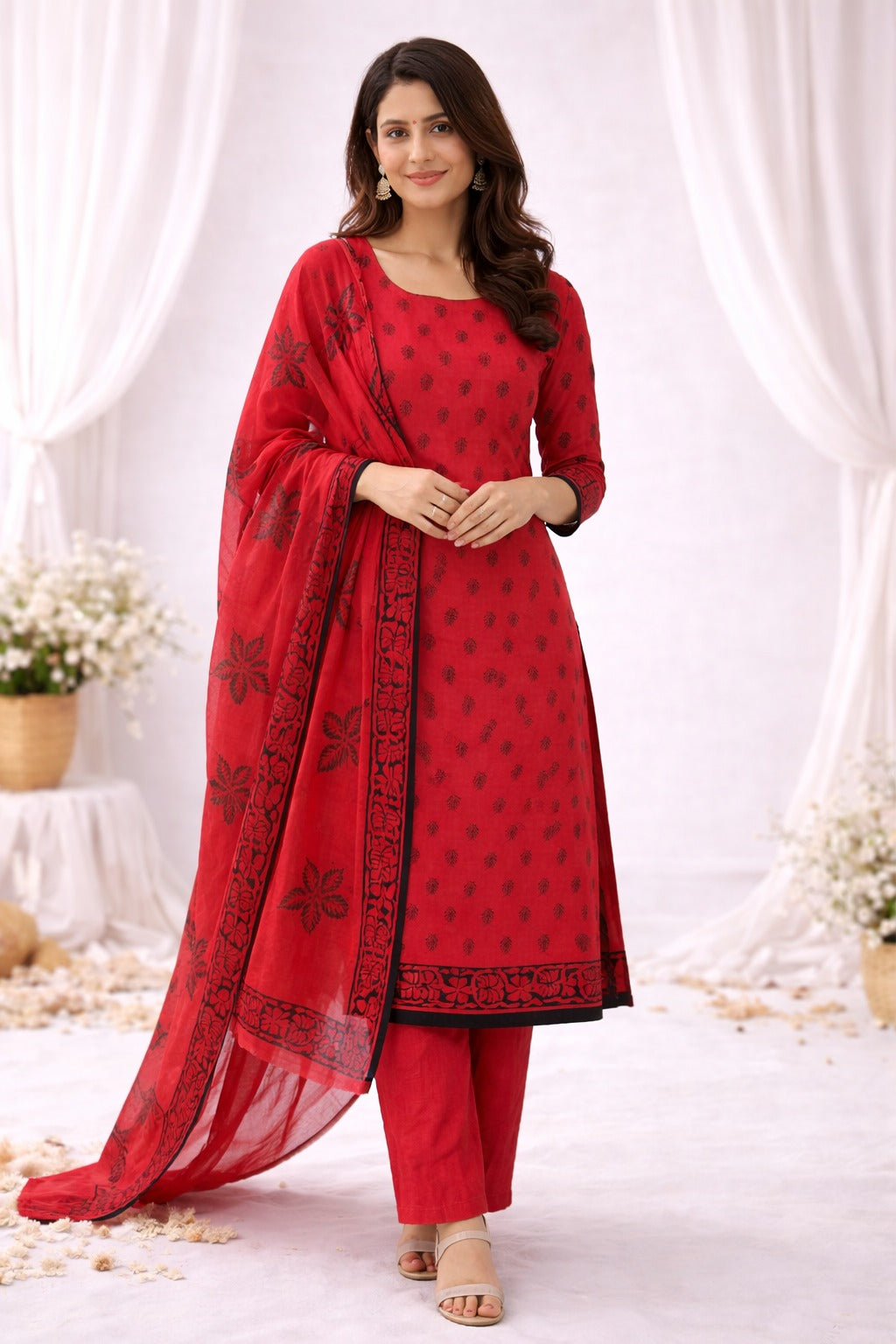 red kurti material paired with dupatta with blockprint design all over