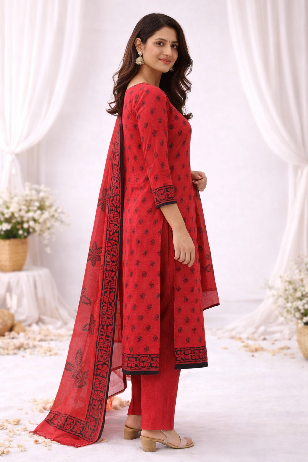 red kurti material paired with dupatta with blockprint design all over