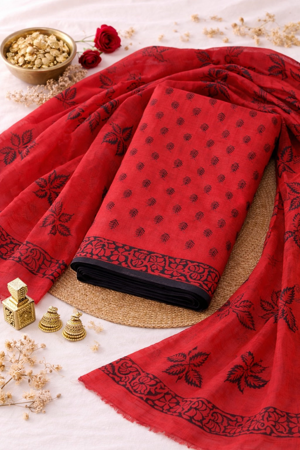 red kurti material paired with dupatta with blockprint design all over