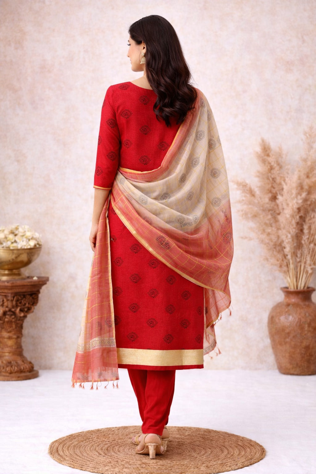 Red kurti material paired with white and red dupatta with block print design all over