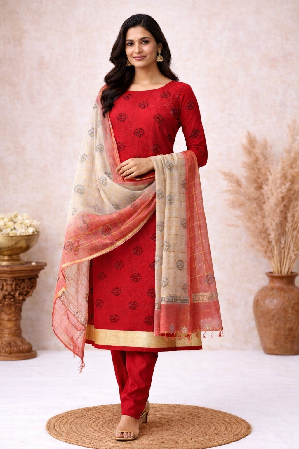 Red kurti material paired with white and red dupatta with block print design all over