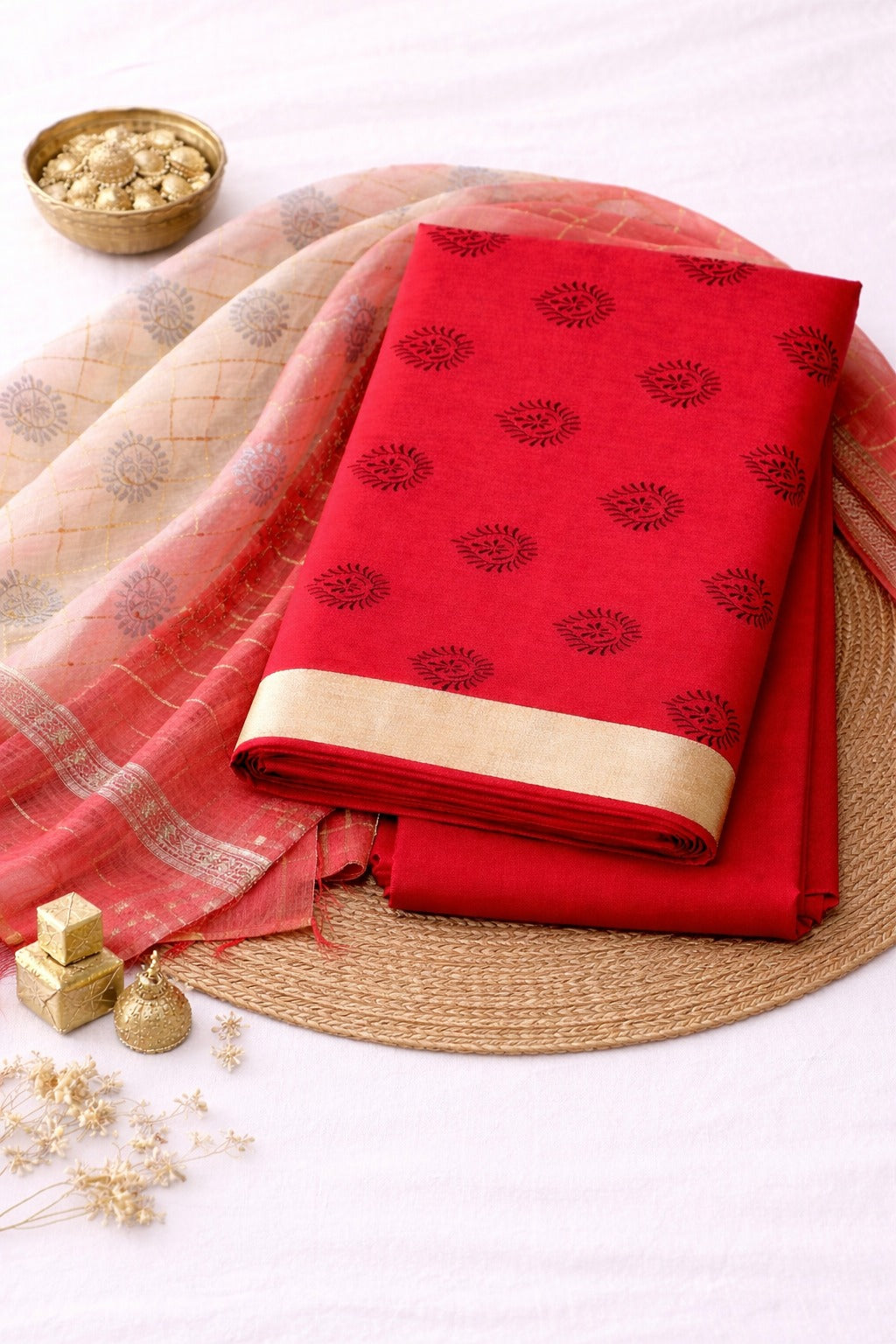 Red kurti material paired with white and red dupatta with block print design all over