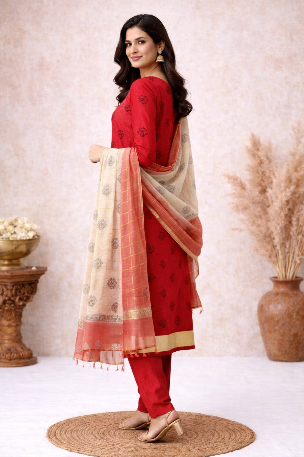 Red kurti material paired with white and red dupatta with block print design all over