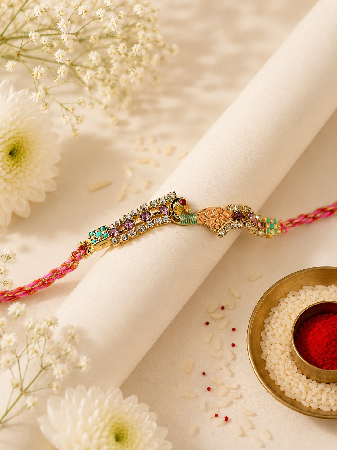 Stone Embedded Peacock Centered Premium Rakhi