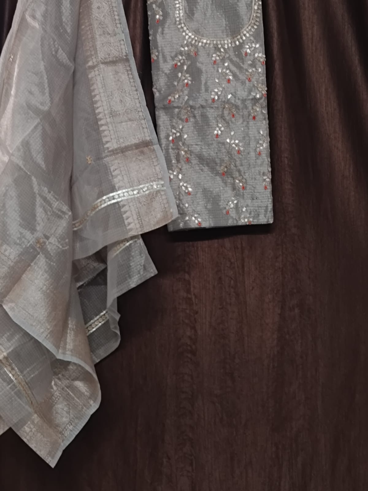 BUTTONCRYP Grey Colour Tissue Handwork Jaal Kurti Suit Material with Dupatta – Look Royal Without Looking Too Expensive!