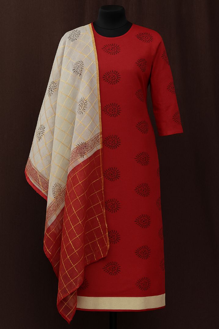 BUTTONCRYP Red Mix Silk Buti Kurti and Dupatta Material - Desi Style, Royal Look