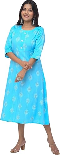 BUTTONCRYP Sky Blue Printed A-Line Midi Kurti | Cotton/Rayon | Ethnic Motif Print