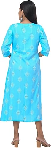 BUTTONCRYP Sky Blue Printed A-Line Midi Kurti | Cotton/Rayon | Ethnic Motif Print