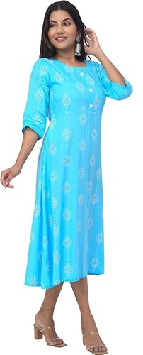 BUTTONCRYP Sky Blue Printed A-Line Midi Kurti | Cotton/Rayon | Ethnic Motif Print
