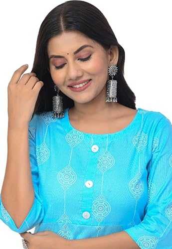 BUTTONCRYP Sky Blue Printed A-Line Midi Kurti | Cotton/Rayon | Ethnic Motif Print