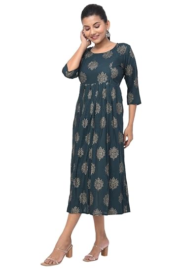 BUTTONCRYP Women's Dark Green Golden Block Print Midi Kurti