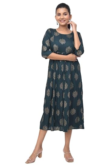 BUTTONCRYP Women's Dark Green Golden Block Print Midi Kurti
