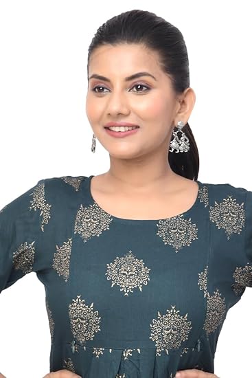 BUTTONCRYP Women's Dark Green Golden Block Print Midi Kurti