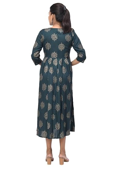 BUTTONCRYP Women's Dark Green Golden Block Print Midi Kurti