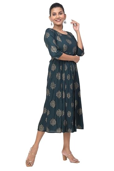 BUTTONCRYP Women's Dark Green Golden Block Print Midi Kurti