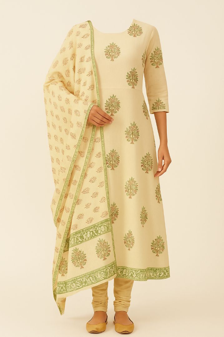 BUTTONCRYP Silk Buti Printed Yellow Mix Color Kurti and Dupatta
