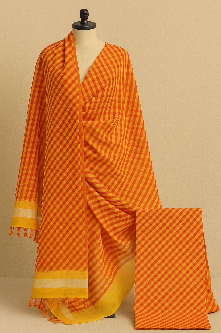 BUTTONCRYP Bellock Print Orange-Golden Kurti and Dupatta Material – That Says Wow!