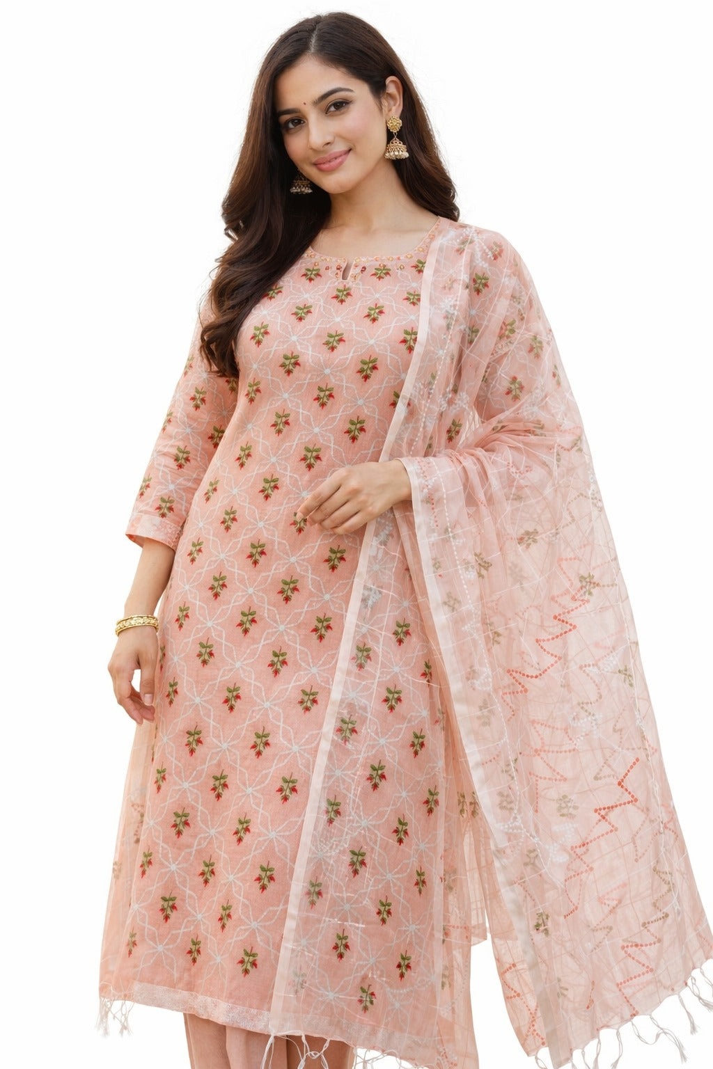 pink kurta fabric design and how can be styled with dupatta after stitching