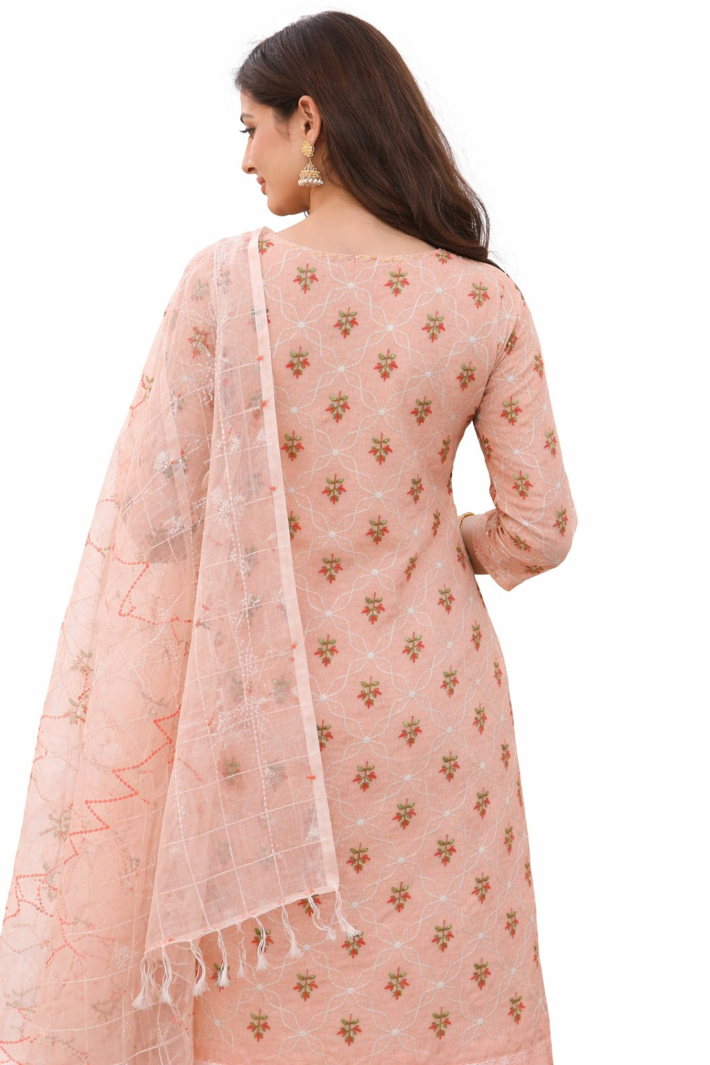 Pink floral kurta fabric back design with floral embroidery
