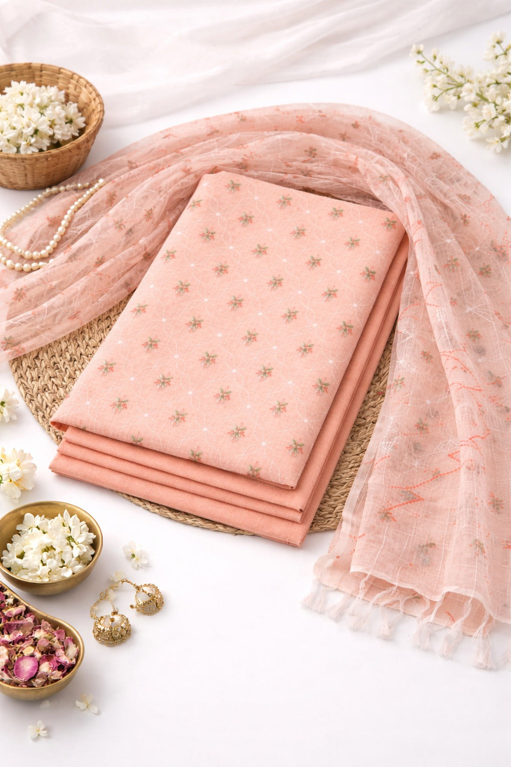 pink kurta raw material with white work on it and dupatta