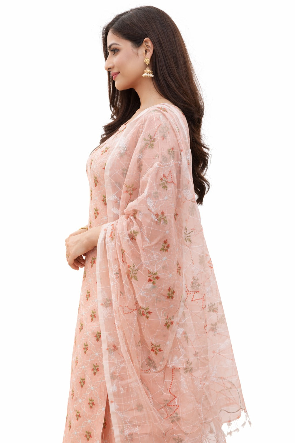 pink kurta fabric with floral embroidery side pose 