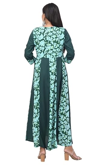 BUTTONCRYP Dark Green Floral Panelled Long Anarkali Kurti – Rayon/Cotton blend, Full length flared design, Perfect for festive wear