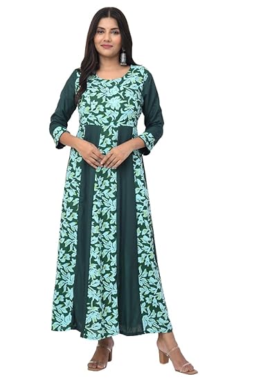 BUTTONCRYP Dark Green Floral Panelled Long Anarkali Kurti – Rayon/Cotton blend, Full length flared design, Perfect for festive wear