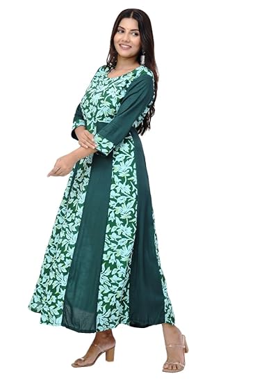 BUTTONCRYP Dark Green Floral Panelled Long Anarkali Kurti – Rayon/Cotton blend, Full length flared design, Perfect for festive wear