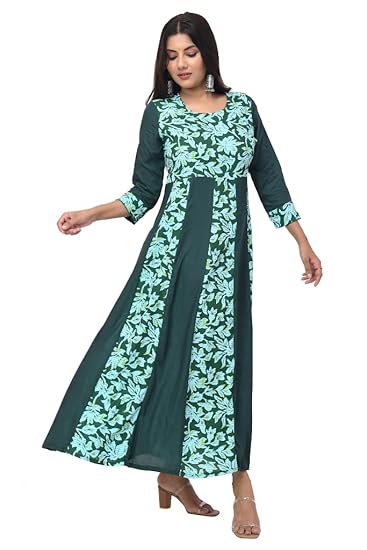 BUTTONCRYP Dark Green Floral Panelled Long Anarkali Kurti – Rayon/Cotton blend, Full length flared design, Perfect for festive wear