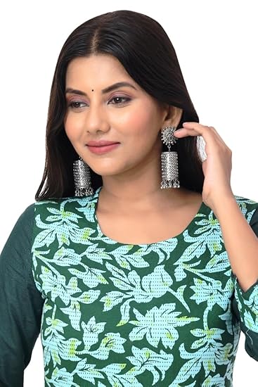 BUTTONCRYP Dark Green Floral Panelled Long Anarkali Kurti – Rayon/Cotton blend, Full length flared design, Perfect for festive wear