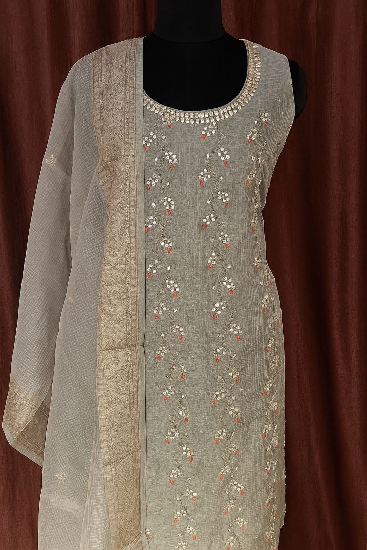 BUTTONCRYP Grey Colour Tissue Handwork Jaal Kurti Suit Material with Dupatta – Look Royal Without Looking Too Expensive!