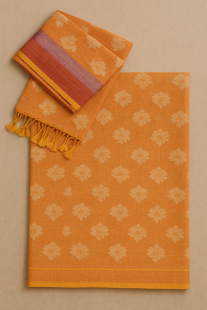BUTTONCRYP Butta Print Orange-Golden Kurti and Dupatta Material – Tension-Free Festive Style!