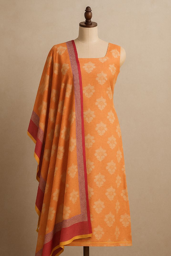 BUTTONCRYP Butta Print Orange-Golden Kurti and Dupatta Material – Tension-Free Festive Style!