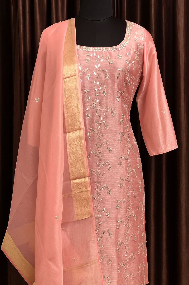 BUTTONCRYP Pink Tissue Handwork Jaal Kurti Suit Set - with Dupatta | Perfect for Weddings, Parties and Ladies Nakhra!