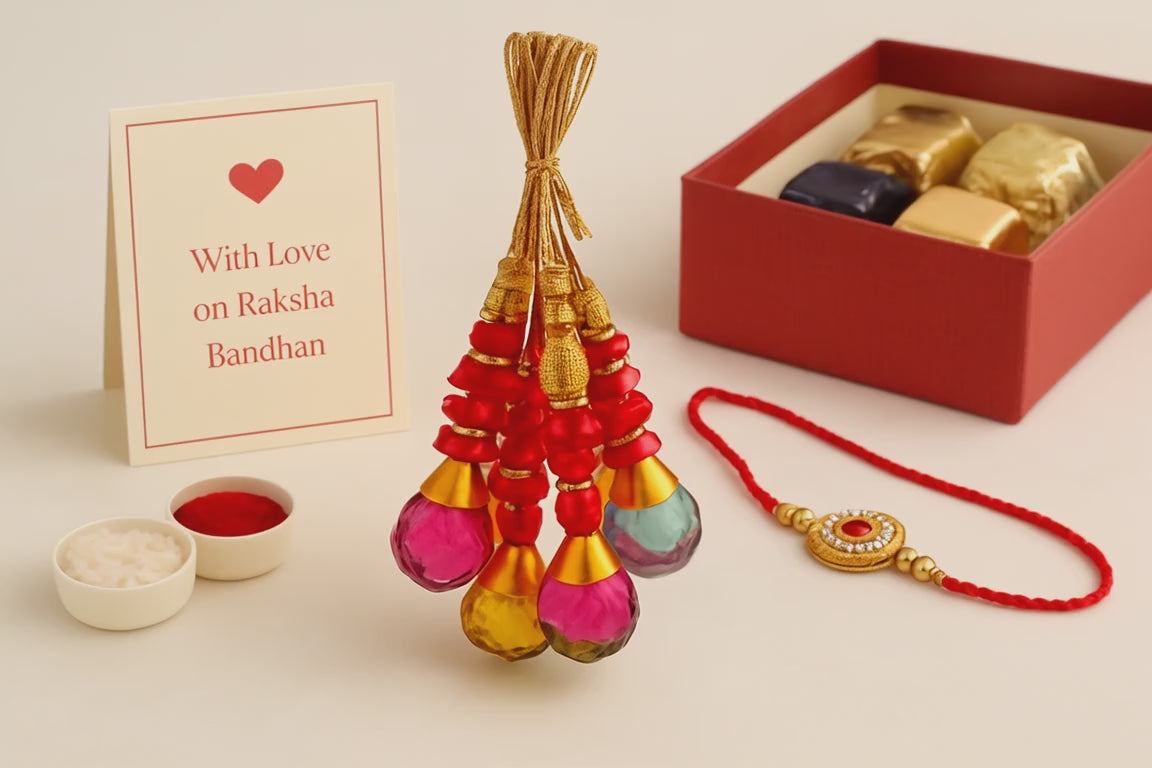 BUTTON CRYP Single Lumba Rakhi – Red and Multicolour | Traditional Rakhi for Bhabhi