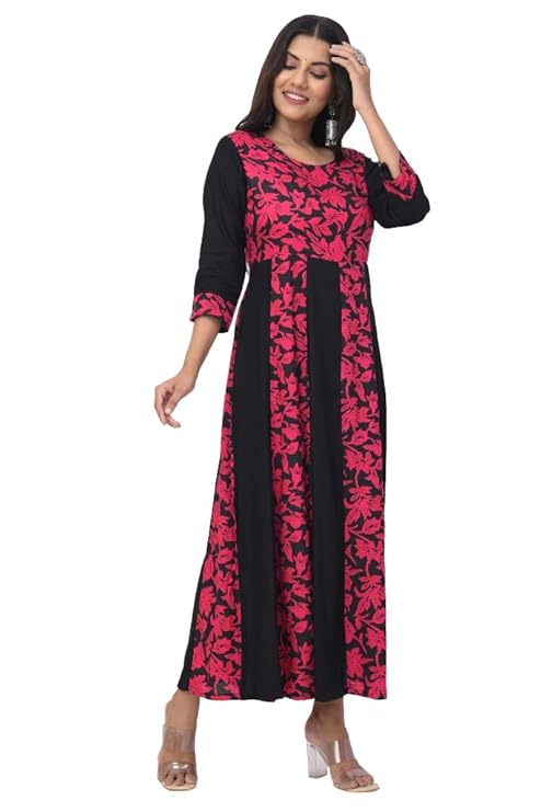 Black & Red Floral Anarkali Kurti – Full Length Rayon Women’s Dress